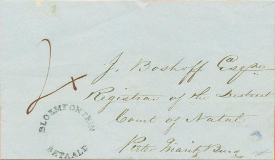 An 1854 wrapper addressed to J. Boshoff shortly before he was elected OFS President